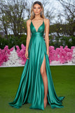 Green A Line Spaghetti Straps V Neck Long Prom Dress with Slit