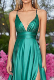 Green A Line Spaghetti Straps V Neck Long Prom Dress with Slit