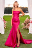 Fuchsia Strapless Sheath Maxi Prom Dress with Slit