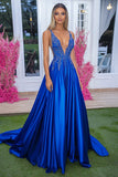 Royal Blue Deep V-Neck A Line Applique Long Prom Dress