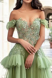 Dusty Sage Off the Shoulder A Line Applique Long Prom Dress