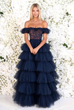 Navy Off the Shoulder Tulle Tiered A Line Long Prom Dress