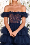 Navy Off the Shoulder Tulle Tiered A Line Long Prom Dress