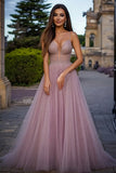 Sparkly A Line Dusty Rose Spaghetti Straps Pleated Prom Dress