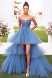 Tiered Grey Blue Ball Gown Tulle Strapless High-Low Prom Dress