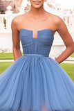 Tiered Grey Blue Ball Gown Tulle Strapless High-Low Prom Dress