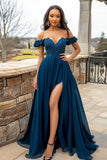 Navy Off the Shoulder Ruffled A Line Applique Prom Dress with Slit