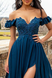 Navy Off the Shoulder Ruffled A Line Applique Prom Dress with Slit