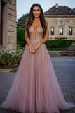 Glitter Dusty Rose V-Neck A Line Pleated Tulle Long Prom Dress