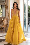 Deep V-Neck Yellow Pleated A Line Long Prom Dress with Ruffles