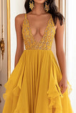 Deep V-Neck Yellow Pleated A Line Long Prom Dress with Ruffles