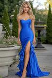 Satin Royal Blue Sweetheart Ruffled Sheath Long Prom Dress with Slit