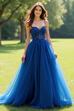 Navy Spaghetti Straps Tulle A Line Prom Dress with Lace Applique