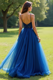 Navy Spaghetti Straps Tulle A Line Prom Dress with Lace Applique