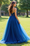 Navy Spaghetti Straps Tulle A Line Prom Dress with Lace Applique