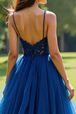 Navy Spaghetti Straps Tulle A Line Prom Dress with Lace Applique