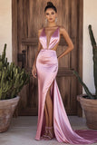 Satin Pink V-Neck Sheath Cut Out Long Prom Dress with Slit