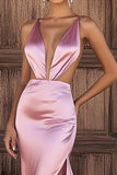 Satin Pink V-Neck Sheath Cut Out Long Prom Dress with Slit