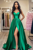 A Line Sweetheart Green Pleated Long Satin Prom Dress with Slit