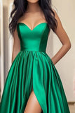 A Line Sweetheart Green Pleated Long Satin Prom Dress with Slit