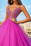 Sparkly Fuchsia Ball Gown V Neck Tulle Long Prom Dress