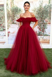 Burgundy Off the Shoulder Ruffled Tulle Long Prom Dress