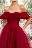 Burgundy Off the Shoulder Ruffled Tulle Long Prom Dress