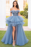 Grey Blue Ball Gown Tulle Spaghetti Straps Tiered Prom Dress with Slit