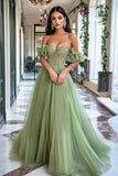 Dusty Sage A Line Off the Shoulder Appliqued Tulle Prom Dress with Ruffles