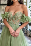 Dusty Sage A Line Off the Shoulder Appliqued Tulle Prom Dress with Ruffles