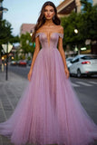 Glitter Dusty Rose Off the Shoulder A Line Tulle Long Prom Dress