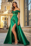 Green A Line Off the Shoulder Long Satin Prom Dress with Slit