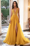 Yellow V-Neck A Line Applique Chiffon Pleated Prom Dress with Slit