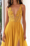 Yellow V-Neck A Line Applique Chiffon Pleated Prom Dress with Slit