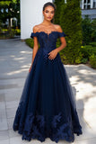 Navy Tulle Off the Shoulder Applique A Line Long Prom Dress