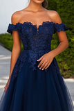 Navy Tulle Off the Shoulder Applique A Line Long Prom Dress