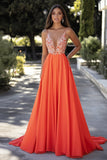 Orange V-Neck A Line Applique Pleated Long Prom Dress