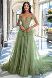 Dusty Sage A Line Off the Shoulder Tulle Applique Prom Dress with Ruffles