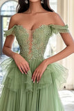 Dusty Sage A Line Off the Shoulder Tulle Applique Prom Dress with Ruffles