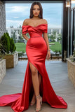 Red Mermaid Off the Shoulder Long Satin Prom Dress with Slit