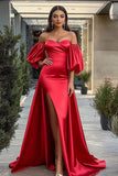 Red Sweetheart Puff Sleeves Long Sheath Satin Prom Dress with Slit