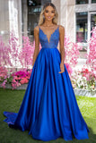 Royal Blue A Line Spaghetti Straps V-Neck Applique Long Prom Dress