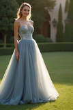 Sparkly Grey Blue Tulle Spaghetti Straps A Line Long Prom Dress