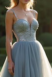 Sparkly Grey Blue Tulle Spaghetti Straps A Line Long Prom Dress