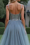 Sparkly Grey Blue Tulle Spaghetti Straps A Line Long Prom Dress