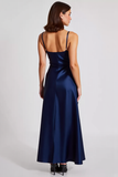 Navy Satin Spaghetti Straps Cowl Neck Sheath Long Formal Dress