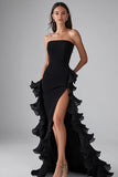 Black Strapless Sheath Ruffled Long Formal Dress with Slit