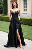 Black Spaghetti Straps A Line Backless Long Formal Dress with Slit