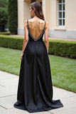 Black Spaghetti Straps A Line Backless Long Formal Dress with Slit