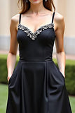 Black Spaghetti Straps A Line Backless Long Formal Dress with Slit